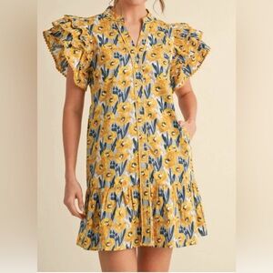 Hudson Gray Floral Print Dress Size Large Ruffle Ric Rac Trim